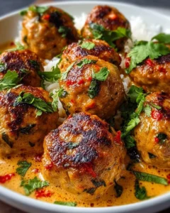 Thai chicken meatballs in creamy coconut curry sauce served in a bowl.