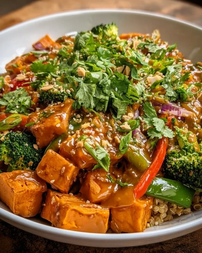 Delicious Thai Peanut Sweet Potato Bowl topped with fresh vegetables and peanut sauce.