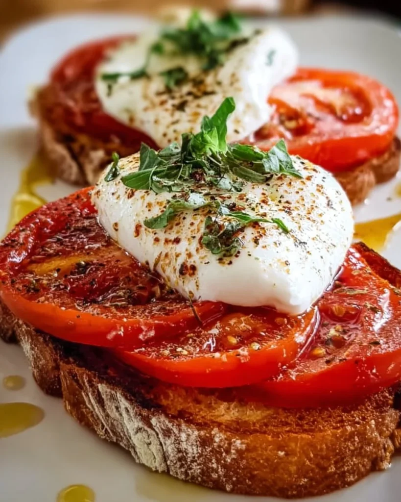 Delicious Tomato Burrata Toast with fresh tomatoes and creamy burrata cheese