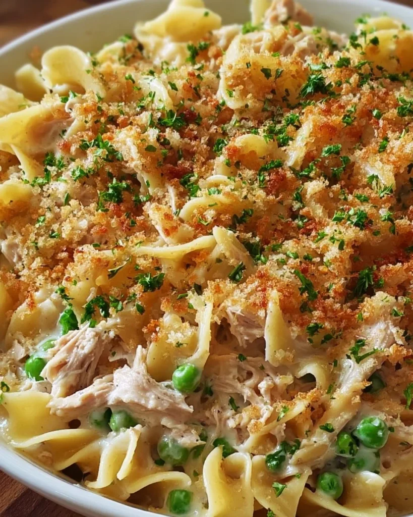 Deliciously creamy tuna noodle casserole baked with cheese and noodles.
