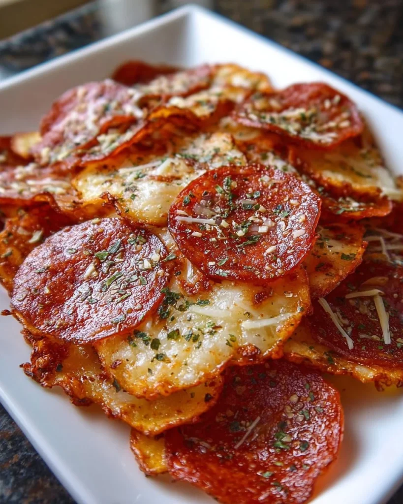 Crispy air fryer pepperoni pizza chips served in a bowl