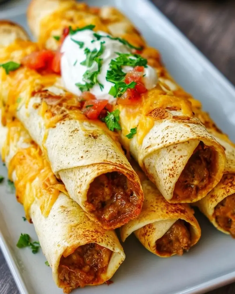 Baked beef taquitos served on a plate with salsa and garnished with cilantro