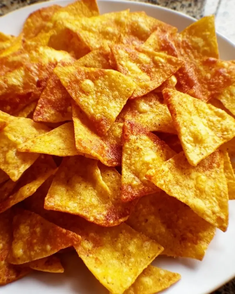 Plate of crispy baked tortilla chips ready to be served with salsa.