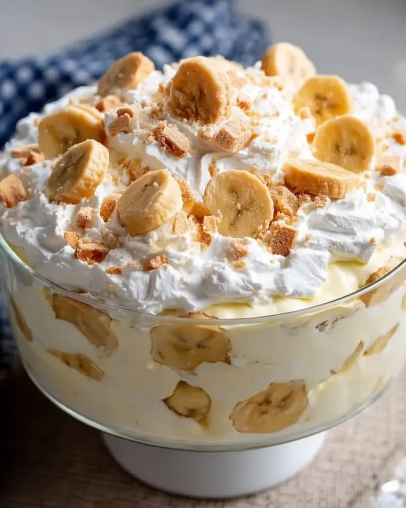 Delicious Banana Pudding Fluff Salad topped with banana slices and whipped cream