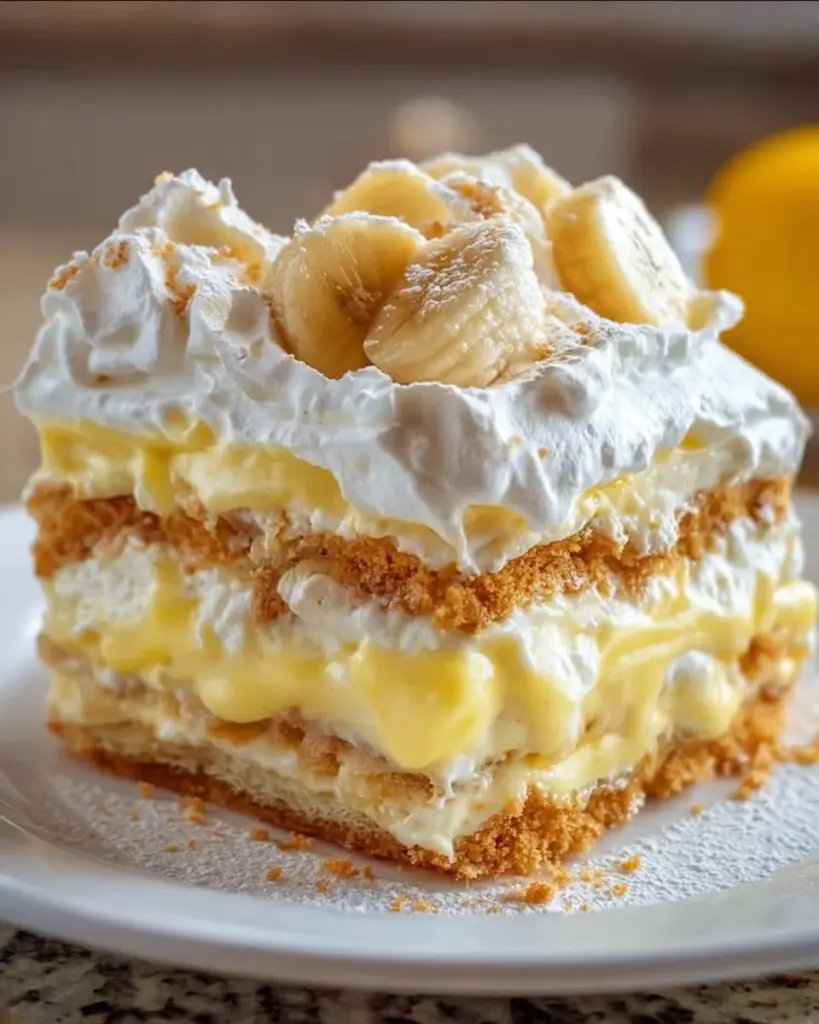 Layered banana pudding lasagna dessert with cream and bananas