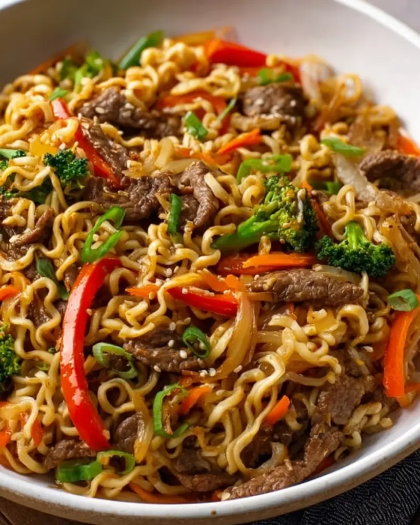 Delicious beef ramen noodles served in hot broth with fresh herbs