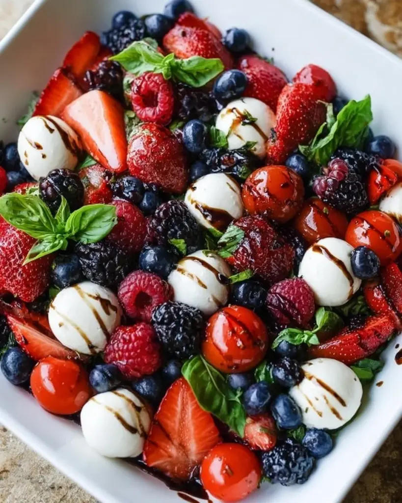 Berry Caprese Salad featuring fresh mozzarella, strawberries, blueberries, and basil.