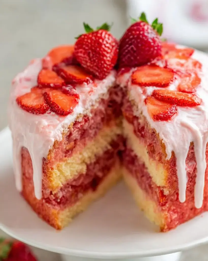 Delicious slice of the best strawberry cake ever with fresh strawberries