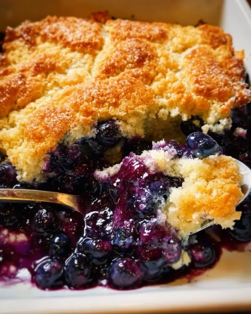 Delicious homemade blueberry cobbler with fresh blueberries and golden crust.