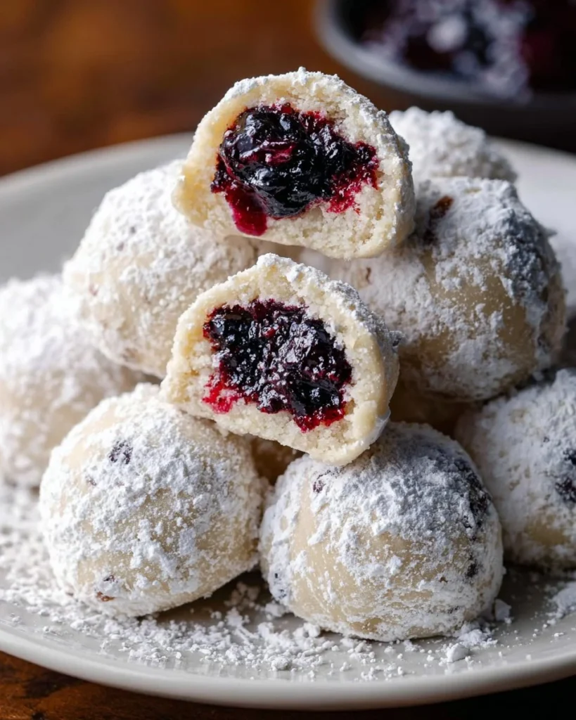 Blueberry-filled almond snowball cookies on a plate with powdered sugar topping