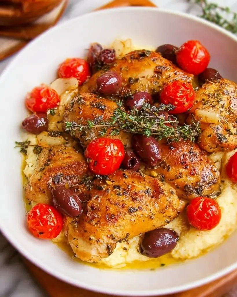 Delicious braised chicken provencal with herbs and vegetables in a rustic pot