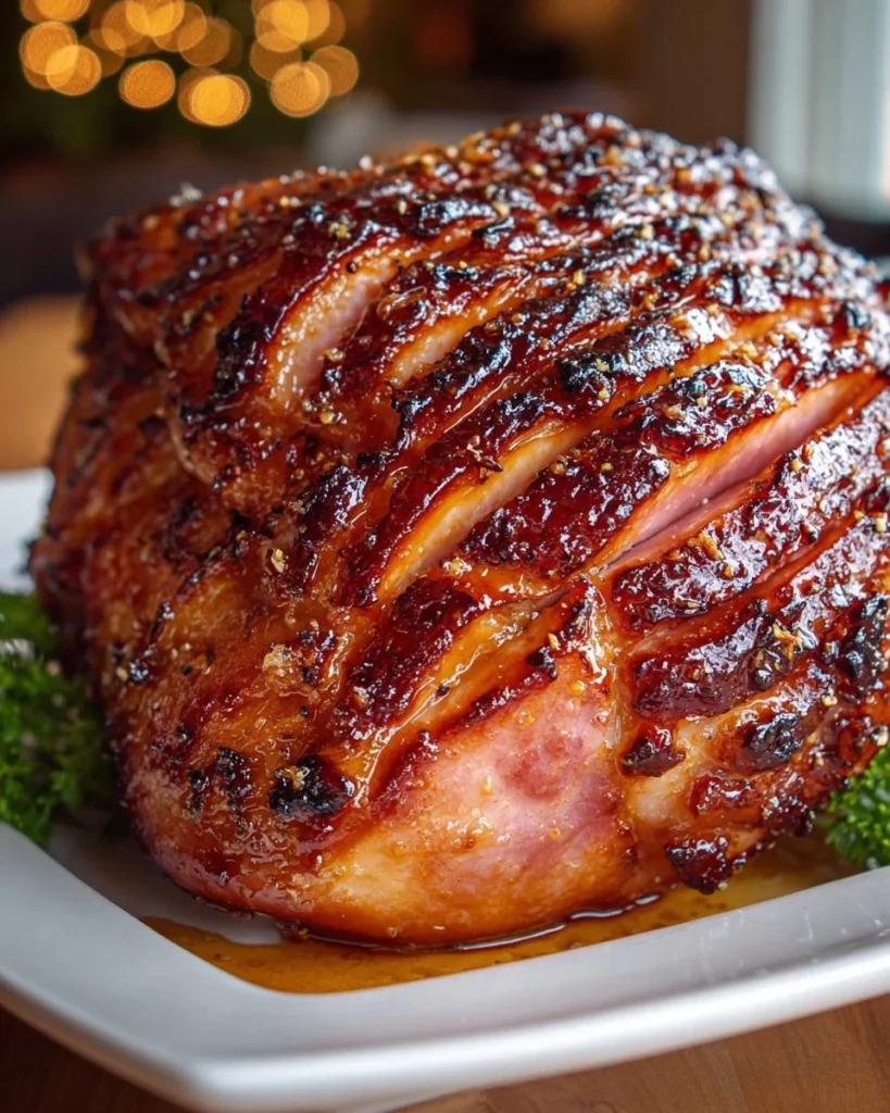 Delicious brown sugar glazed ham with honey orange glaze on a serving platter.