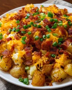Cheesy breakfast potatoes topped with crispy bacon served on a plate