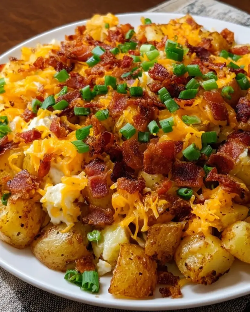 Cheesy breakfast potatoes topped with crispy bacon served on a plate