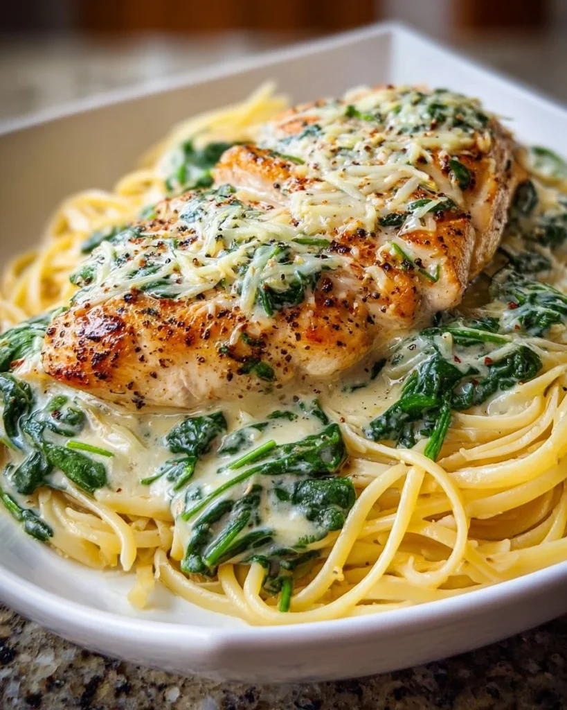 Creamy Chicken Florentine with spinach and herbs on a plate