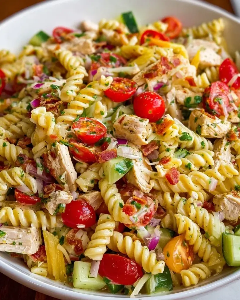 Delicious Chicken Pasta Salad with vibrant vegetables and dressing