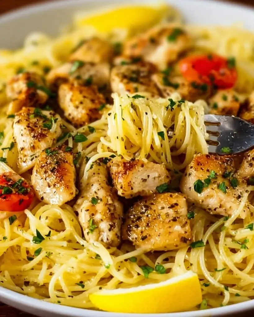 Delicious Chicken Scampi served with pasta, topped with herbs and lemon.