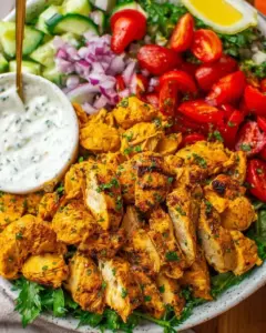 Healthy Chicken Shawarma Salad with fresh vegetables and tahini dressing