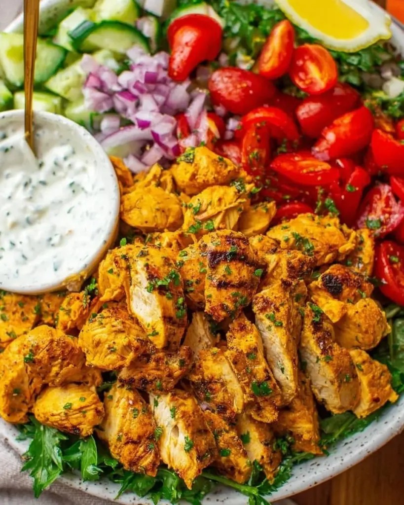 Healthy Chicken Shawarma Salad with fresh vegetables and tahini dressing