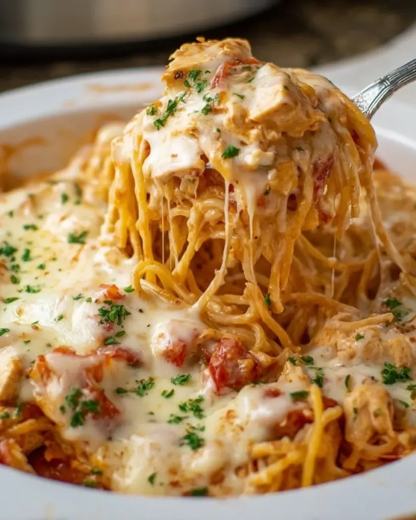 Delicious chicken spaghetti casserole served in a baking dish.