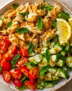 Delicious Chicken Tahini Summer Salad with fresh vegetables and dressing