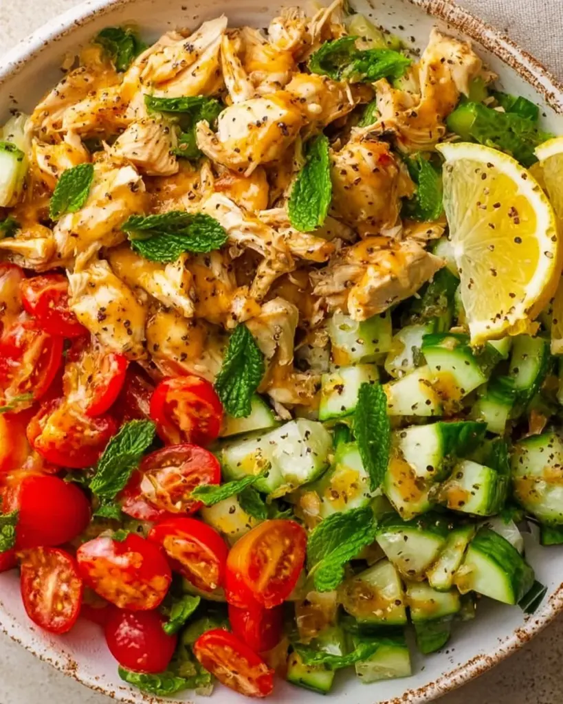 Delicious Chicken Tahini Summer Salad with fresh vegetables and dressing