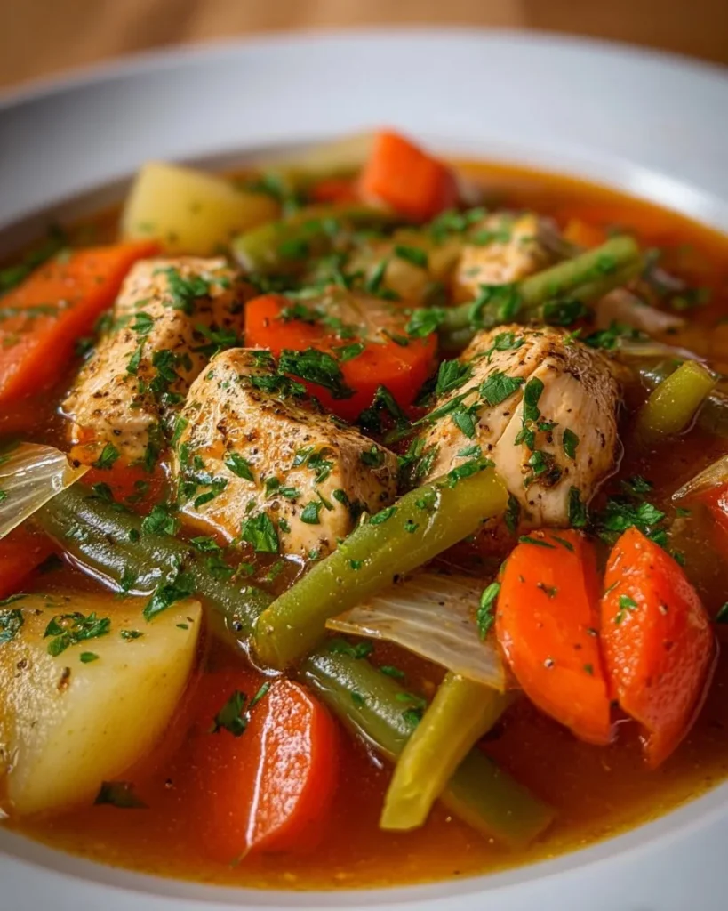 Bowl of Chicken Vegetable Soup with assorted vegetables and tender chicken pieces