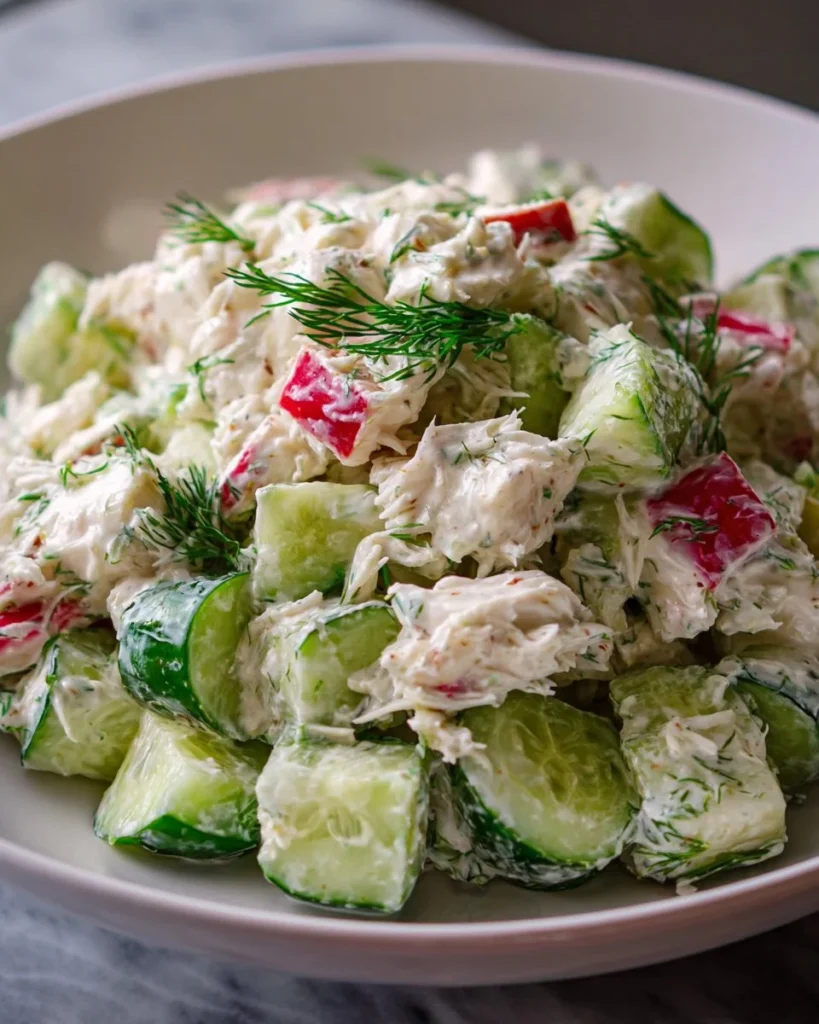 Chilled cucumber crab salad with fresh ingredients and garnishes.