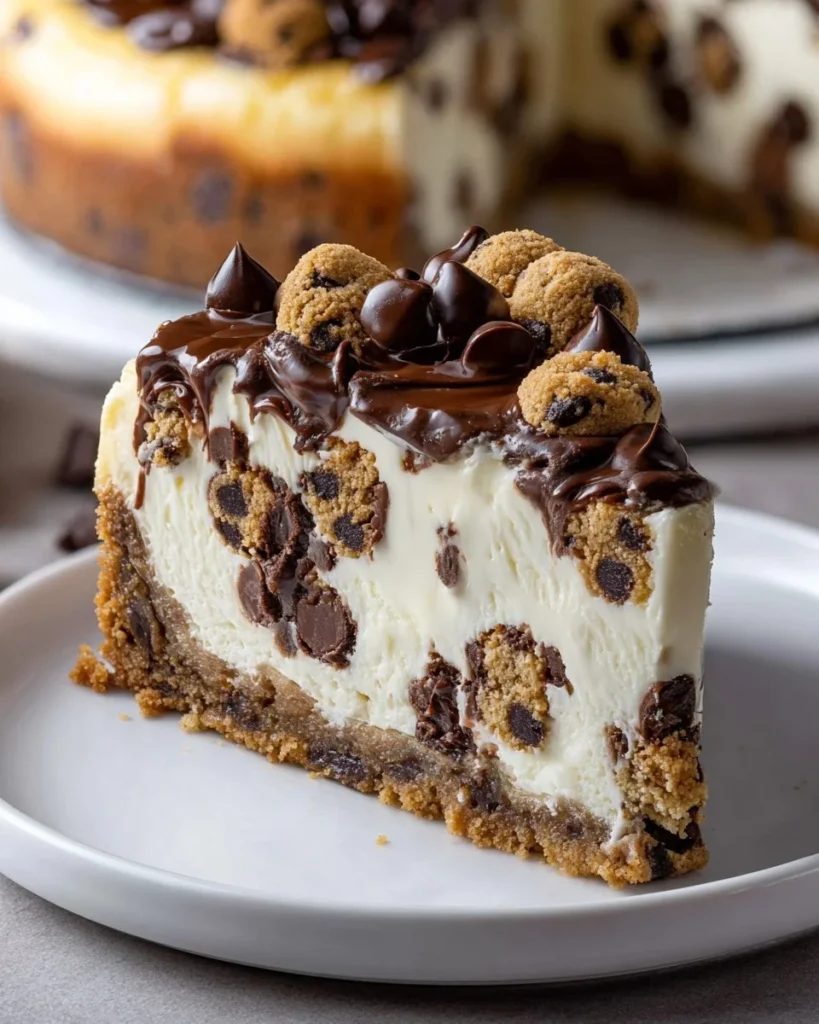 Chocolate chip cookie dough cheesecake topped with cookie dough bites