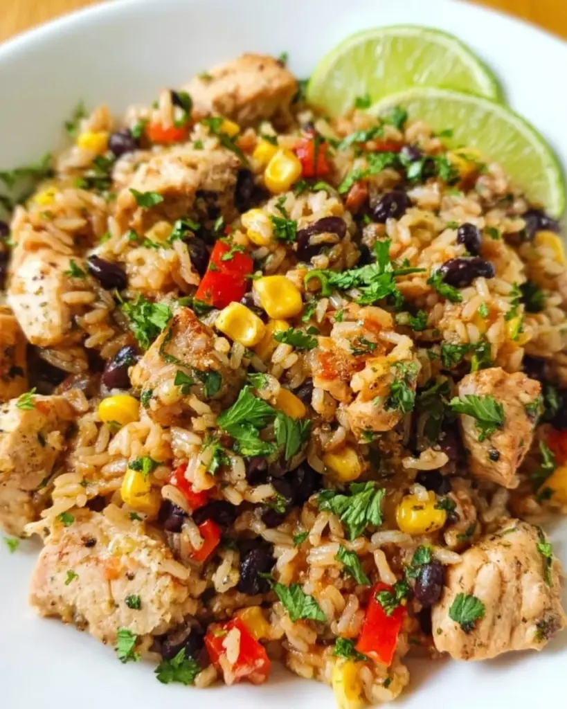 Plate of Cilantro Lime Chicken served with fluffy rice and garnished with lime.