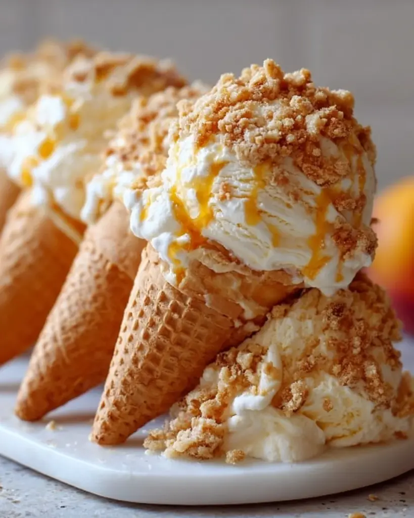 Creamy peach crumble cheesecake cones filled with cheesecake and peach topping