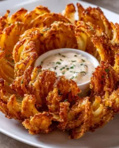 Crispy air fryer blooming onion served with dipping sauce on a plate