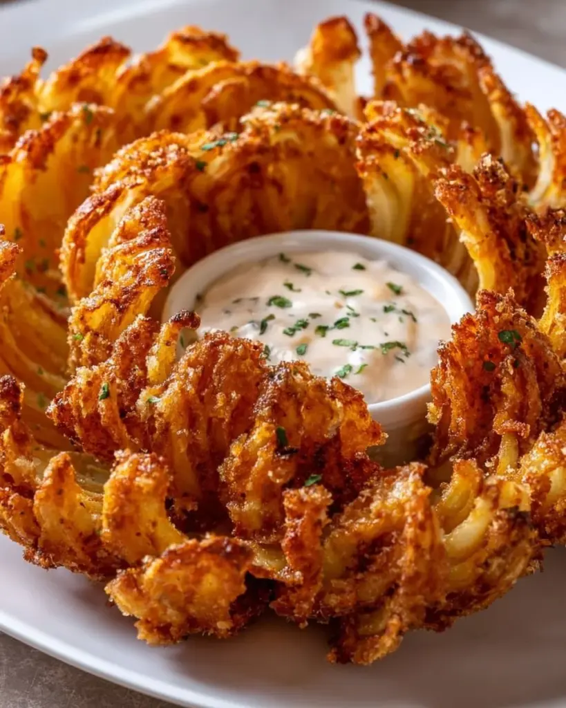 Crispy air fryer blooming onion served with dipping sauce on a plate