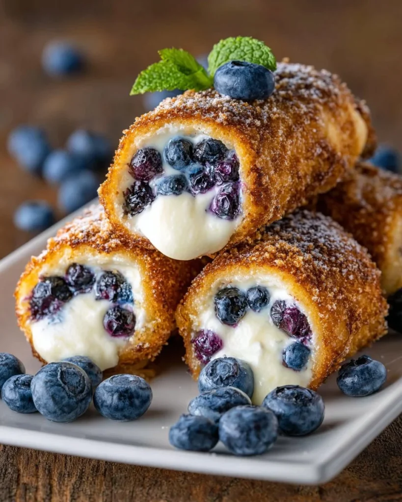 Crispy keto blueberry roll-ups with cream cheese filling on a white plate
