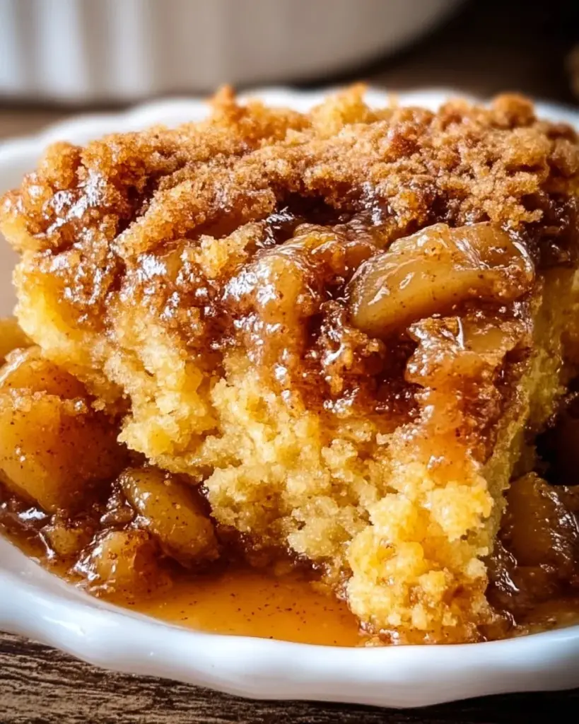 Delicious Crock Pot Apple Dump Cake topped with whipped cream and apples