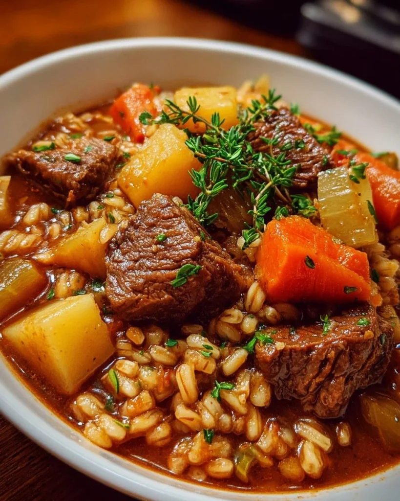 Crockpot Beef Barley Soup filled with tender beef, barley, and vegetables