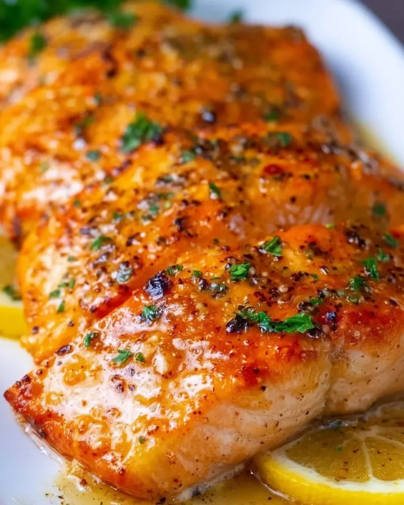 Plate of Dijon Honey Salmon drizzled with honey and served with vegetables