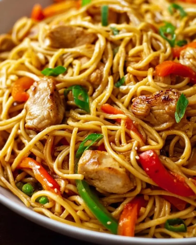 Delicious easy chicken lo mein with vegetables and noodles