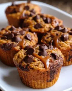Flourless peanut butter muffins stacked on a plate with chocolate chips