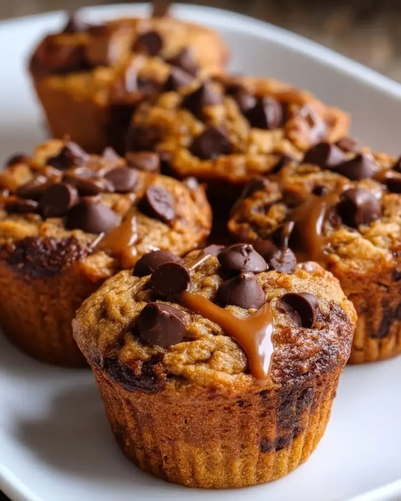 Flourless peanut butter muffins stacked on a plate with chocolate chips