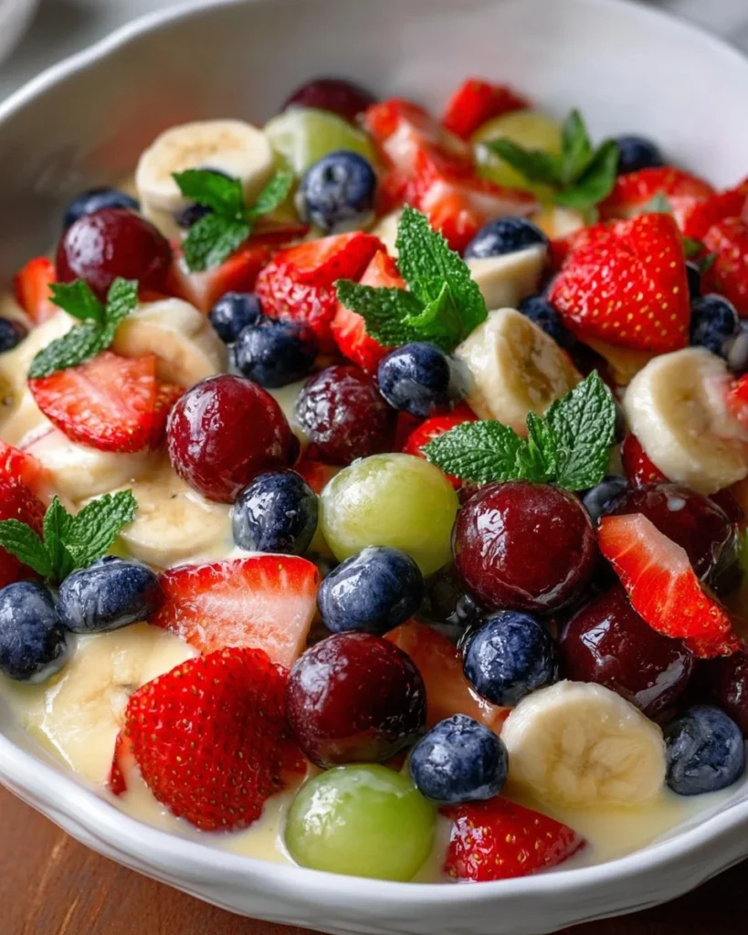 Fresh fruit salad topped with vanilla pudding served in a bowl