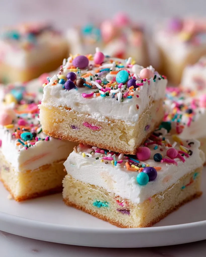 Frosted sugar cookie bars topped with colorful icing and sprinkles