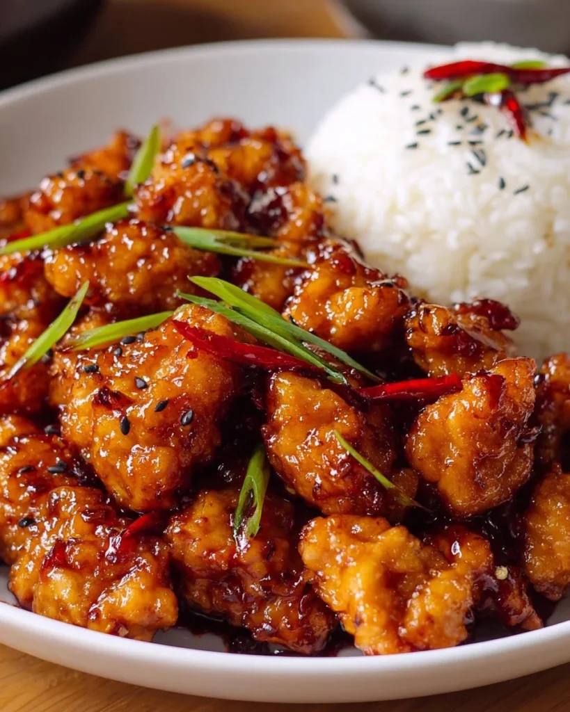 Delicious plate of General Tso's Chicken with vibrant vegetables and sauce