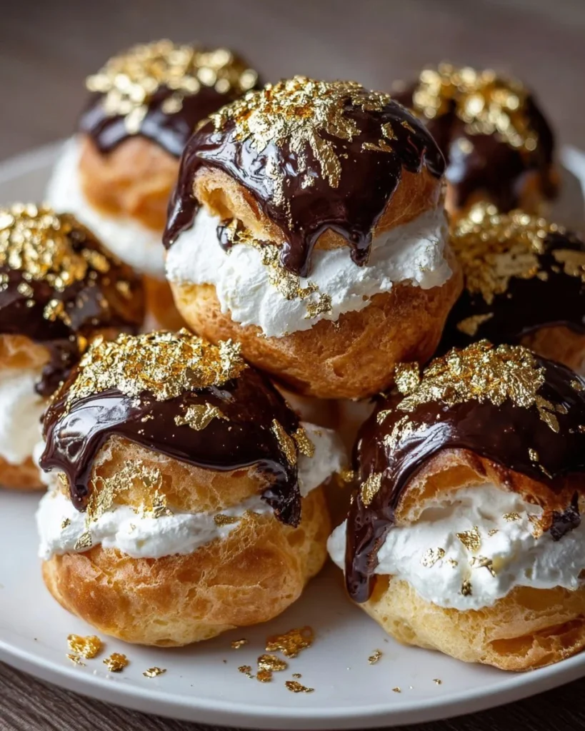 Gourmet gold dusted chocolate profiteroles on a serving plate