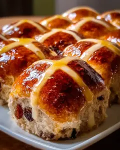 Golden Apple Hot Cross Buns with spices and dried fruit on a wooden table
