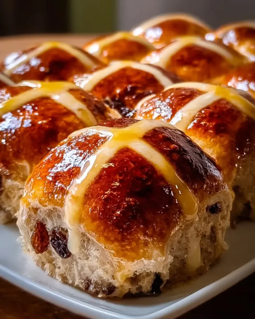 Golden Apple Hot Cross Buns with spices and dried fruit on a wooden table
