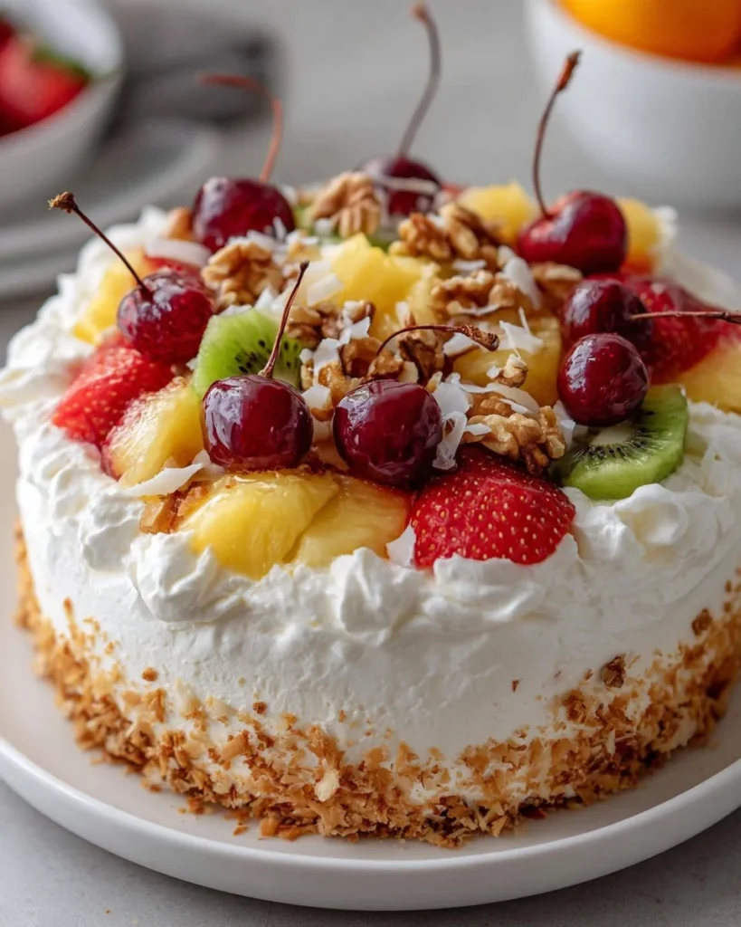 A vibrant Hawaiian Cheesecake Salad topped with fresh fruits and creamy cheesecake.