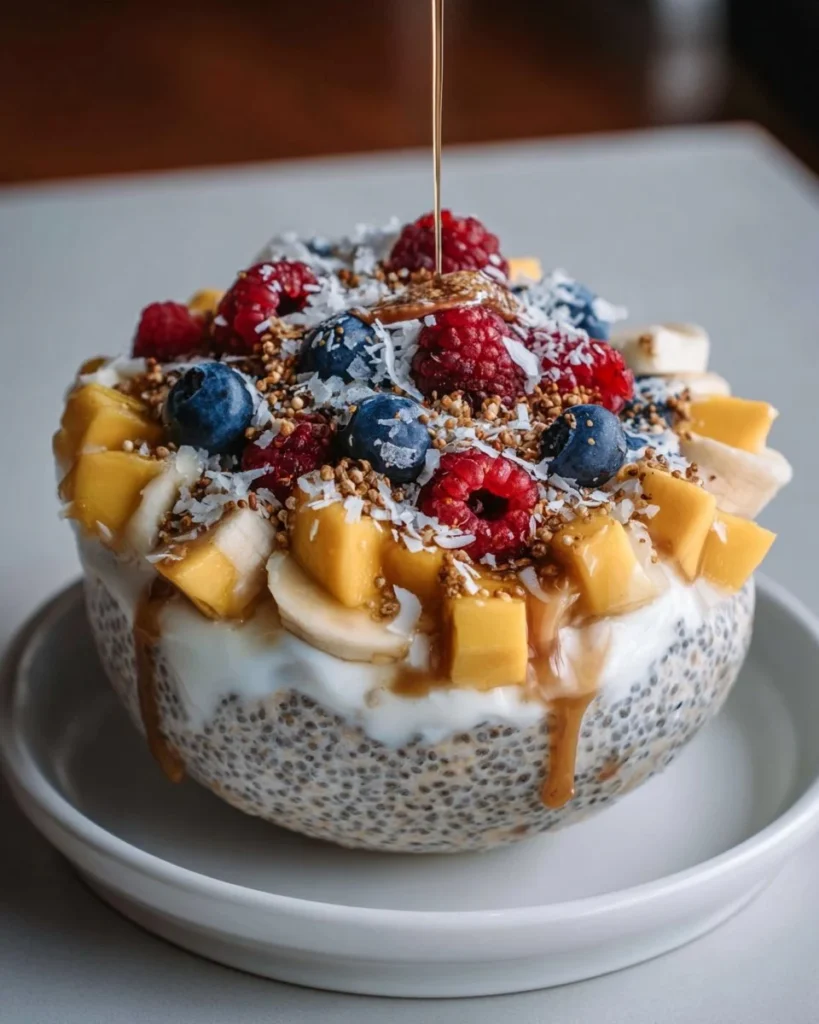 Bowl of healthy coconut cream overnight oats topped with fresh fruit and nuts