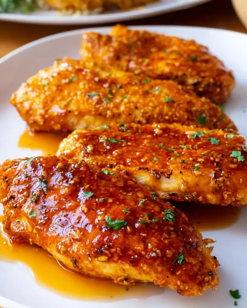 Hot Honey Chicken Breast garnished with herbs and served on a plate