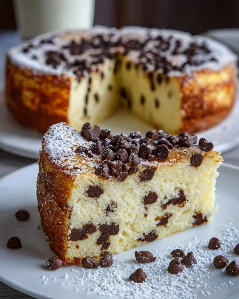 Italian chocolate chip ricotta cake garnished with chocolate and served on a plate